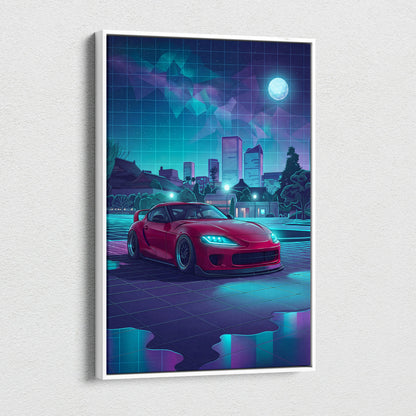 Toyota Supra MK5 Inspired Red Teal Canvas Wall Art Vaporwave JDM Sports Car Artwork Neon City Garage Decor Retro Futuristic Night Print