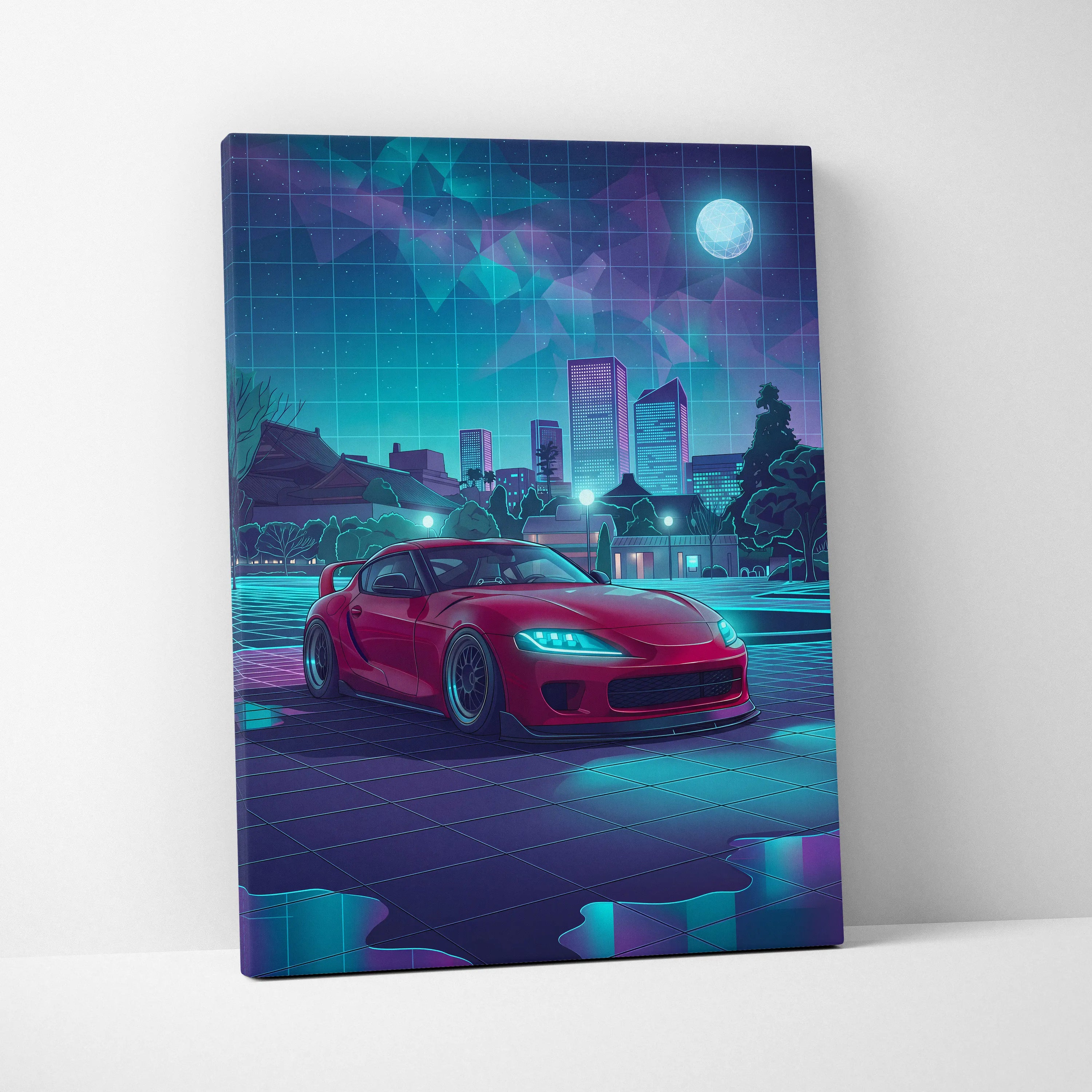 Toyota Supra MK5 Inspired Red Teal Canvas Wall Art Vaporwave JDM Sports Car Artwork Neon City Garage Decor Retro Futuristic Night Print
