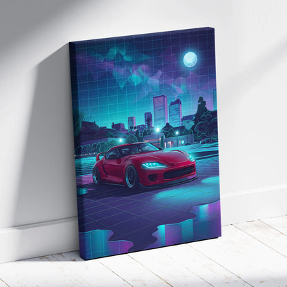 Toyota Supra MK5 Inspired Red Teal Canvas Wall Art Vaporwave JDM Sports Car Artwork Neon City Garage Decor Retro Futuristic Night Print