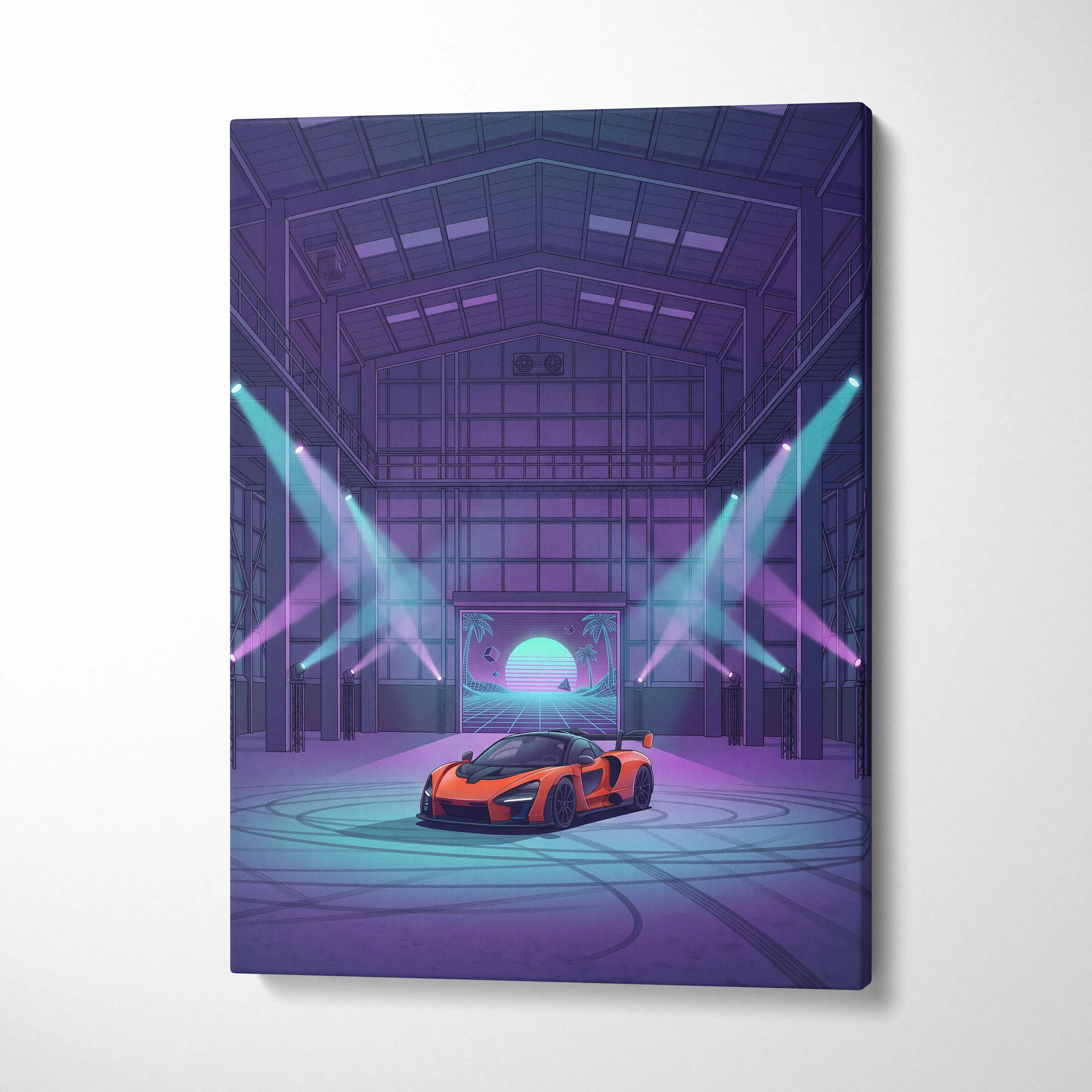 McLaren Senna Inspired Orange Purple Canvas Wall Art Vaporwave Hypercar Artwork Neon Garage Decor Retro Futuristic Motorsport Print