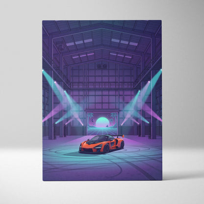 McLaren Senna Inspired Orange Purple Canvas Wall Art Vaporwave Hypercar Artwork Neon Garage Decor Retro Futuristic Motorsport Print