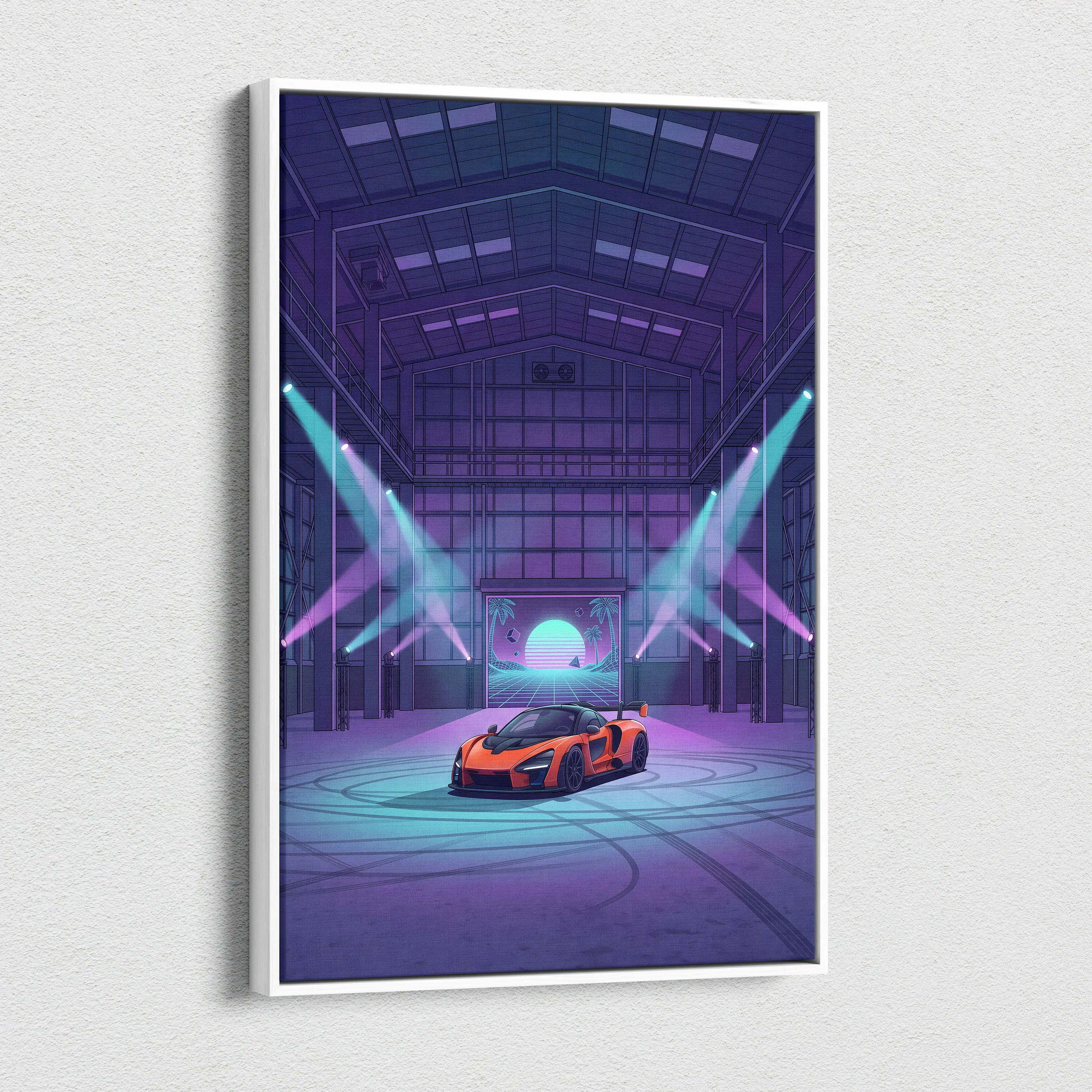McLaren Senna Inspired Orange Purple Canvas Wall Art Vaporwave Hypercar Artwork Neon Garage Decor Retro Futuristic Motorsport Print