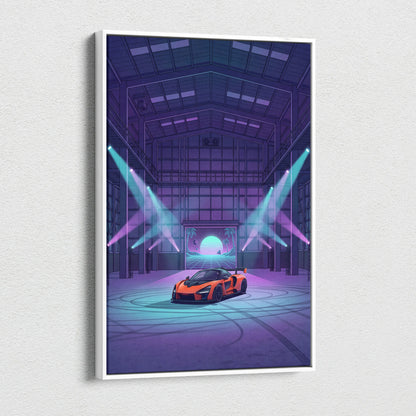 McLaren Senna Inspired Orange Purple Canvas Wall Art Vaporwave Hypercar Artwork Neon Garage Decor Retro Futuristic Motorsport Print