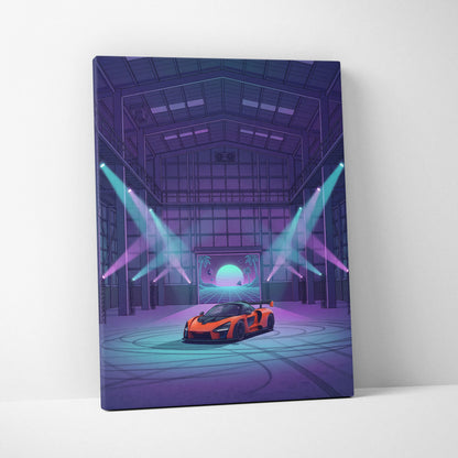 McLaren Senna Inspired Orange Purple Canvas Wall Art Vaporwave Hypercar Artwork Neon Garage Decor Retro Futuristic Motorsport Print