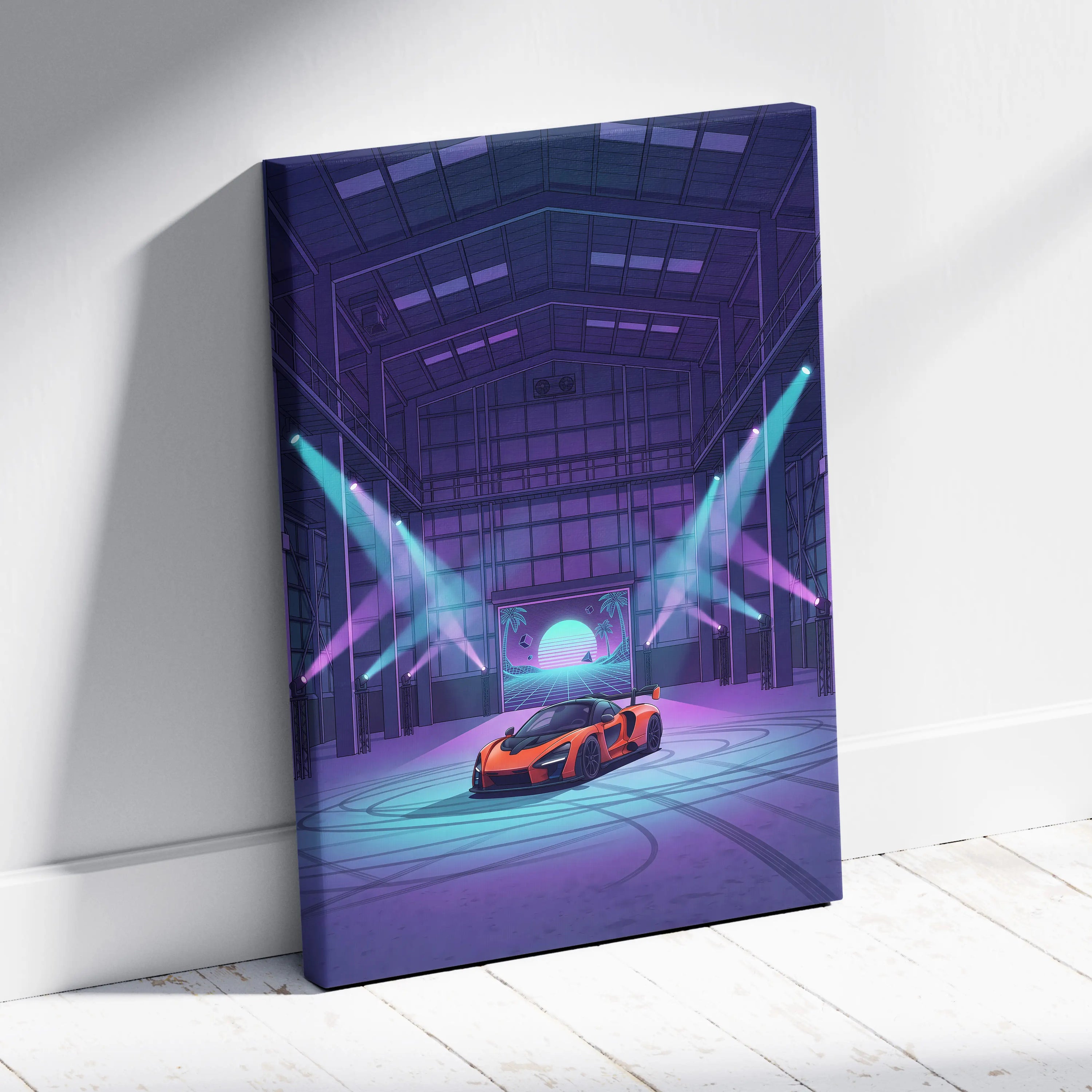 McLaren Senna Inspired Orange Purple Canvas Wall Art Vaporwave Hypercar Artwork Neon Garage Decor Retro Futuristic Motorsport Print