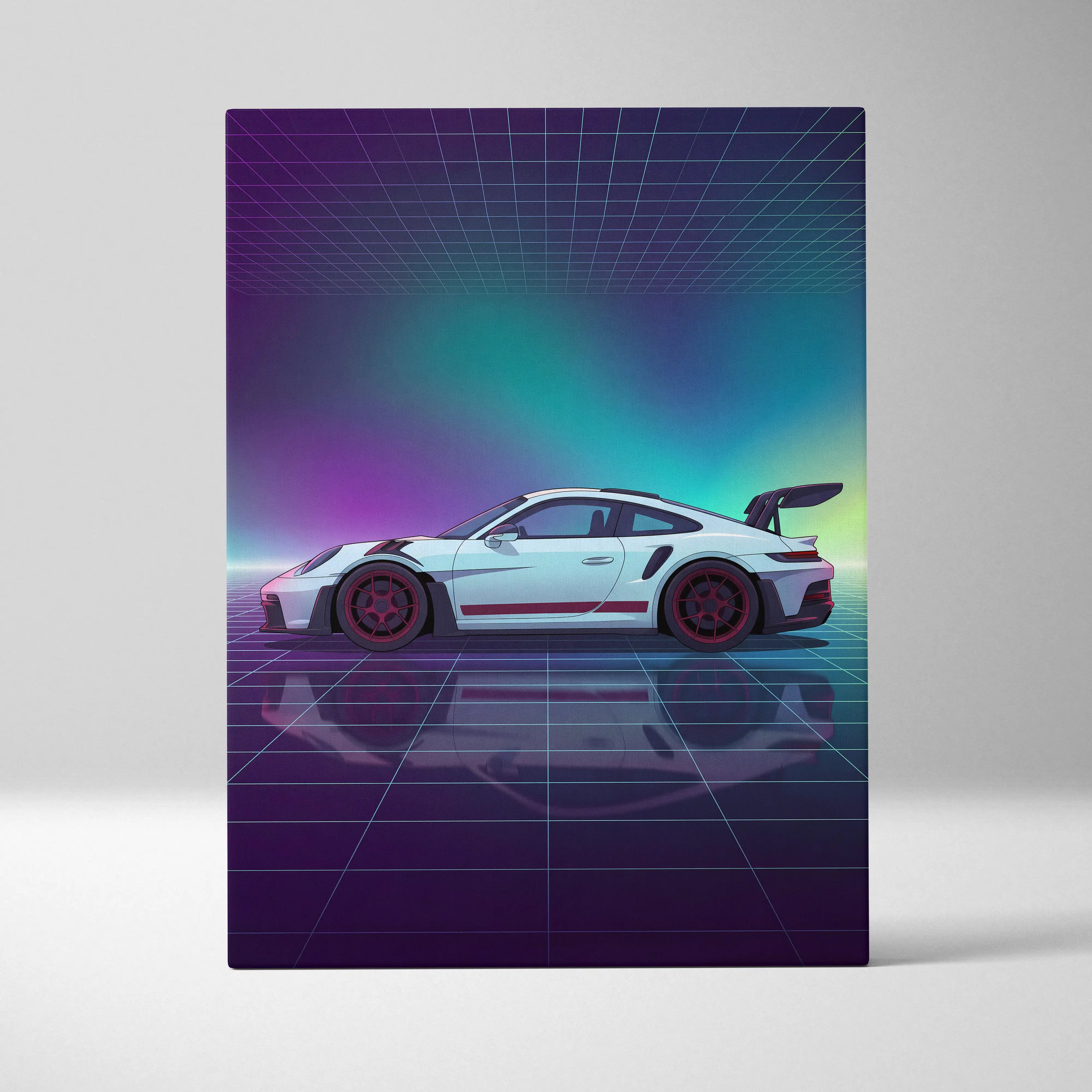 Porsche 911 GT3 RS Inspired White Purple Canvas Wall Art Vaporwave Sports Car Artwork Neon Grid Garage Decor Retro Futuristic Motorsport Print