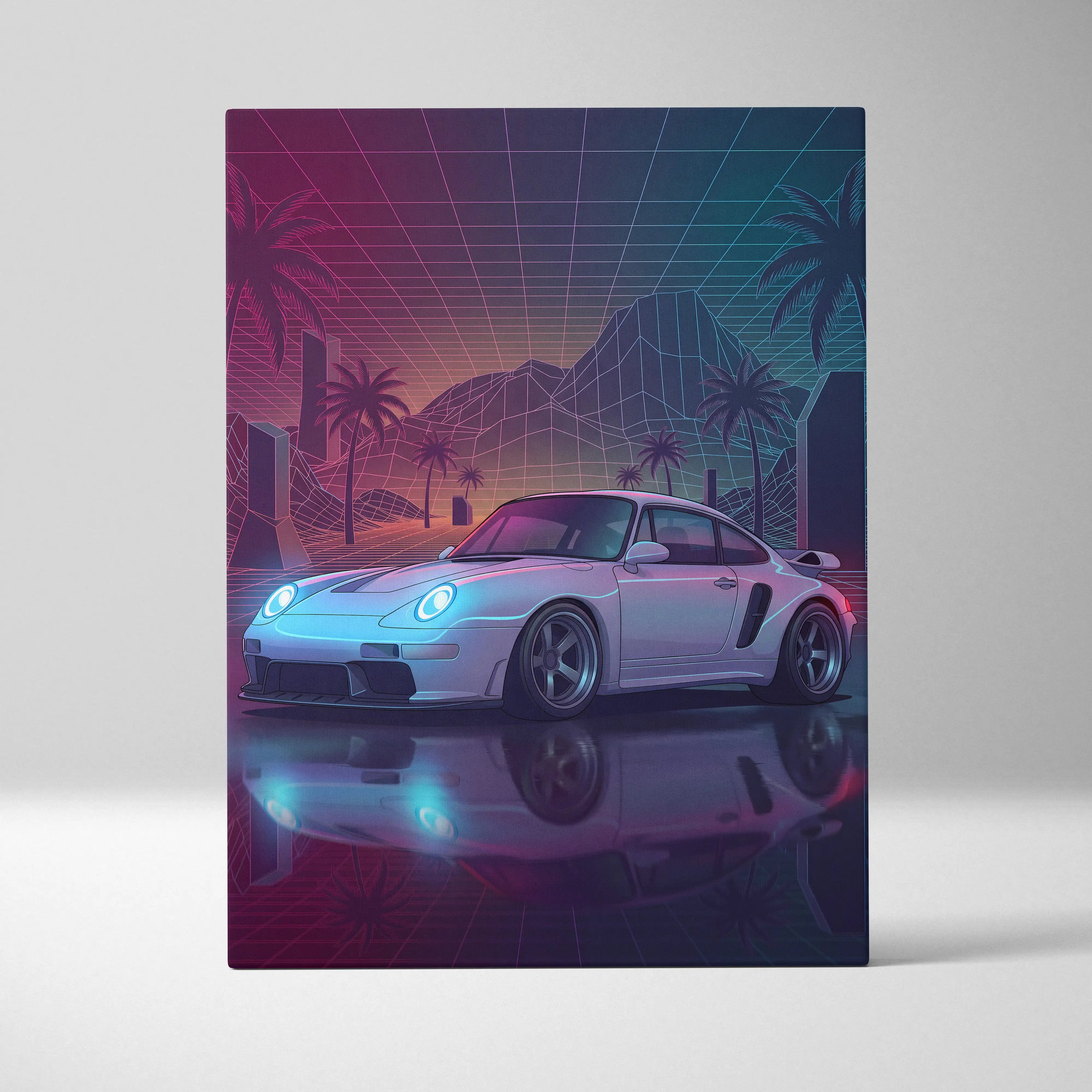 Porsche 911 Turbo Inspired Canvas Wall Art - Vaporwave Widebody Sports Car Decor with Neon Palm Drive Style