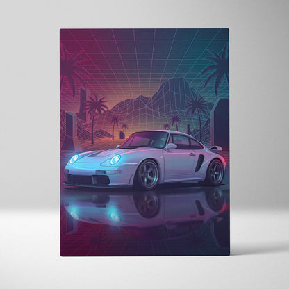 Porsche 911 Turbo Inspired Canvas Wall Art - Vaporwave Widebody Sports Car Decor with Neon Palm Drive Style