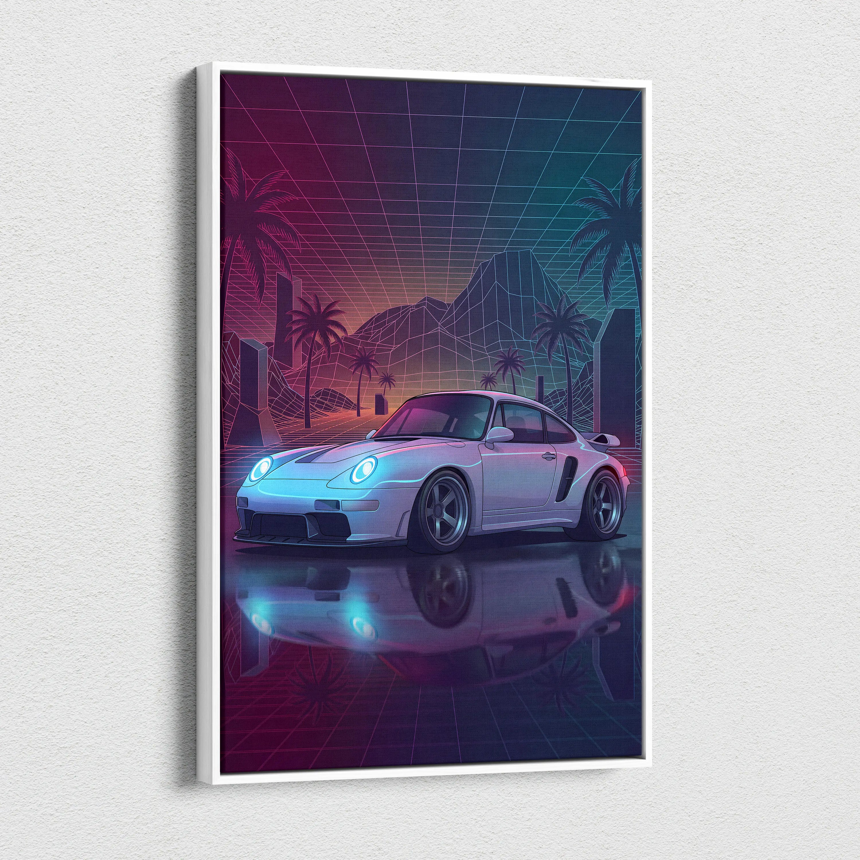 Porsche 911 Turbo Inspired Canvas Wall Art - Vaporwave Widebody Sports Car Decor with Neon Palm Drive Style