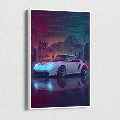 Porsche 911 Turbo Inspired Canvas Wall Art - Vaporwave Widebody Sports Car Decor with Neon Palm Drive Style
