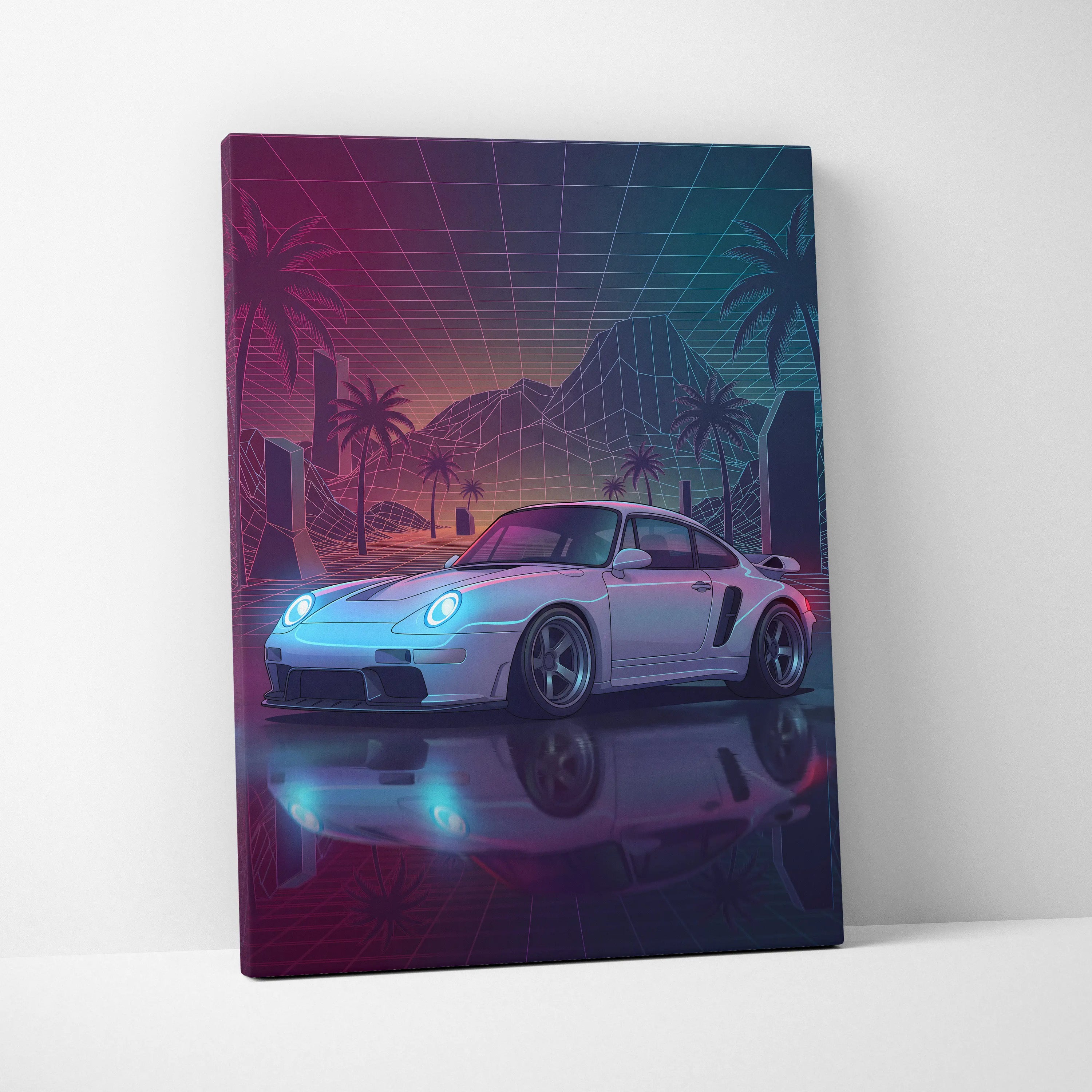 Porsche 911 Turbo Inspired Canvas Wall Art - Vaporwave Widebody Sports Car Decor with Neon Palm Drive Style