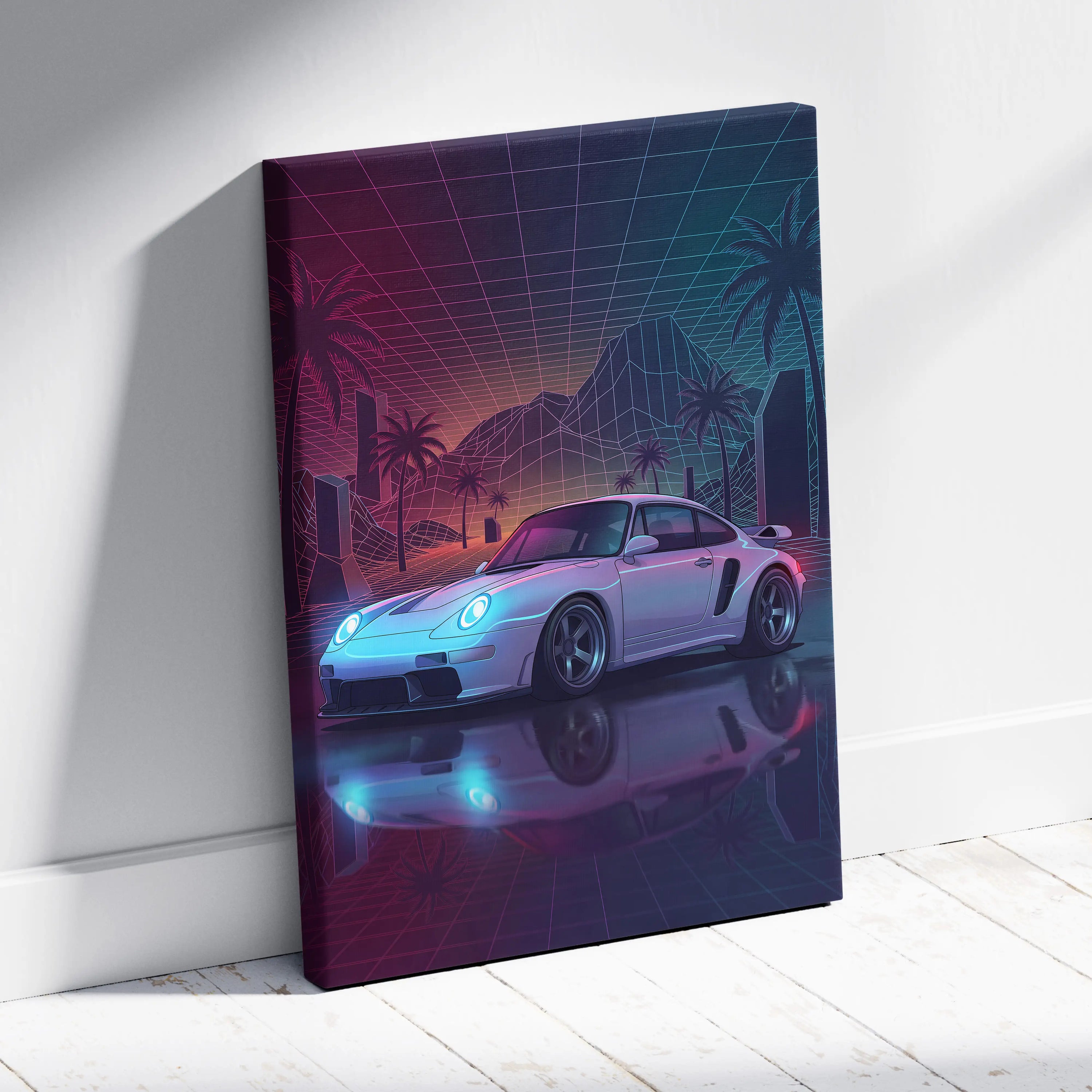 Porsche 911 Turbo Inspired Canvas Wall Art - Vaporwave Widebody Sports Car Decor with Neon Palm Drive Style