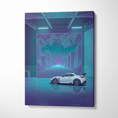 Toyota GR86 Inspired White Teal Canvas Wall Art Vaporwave Sports Car Artwork Neon Cyberpunk Garage Decor Retro Futuristic JDM City Print