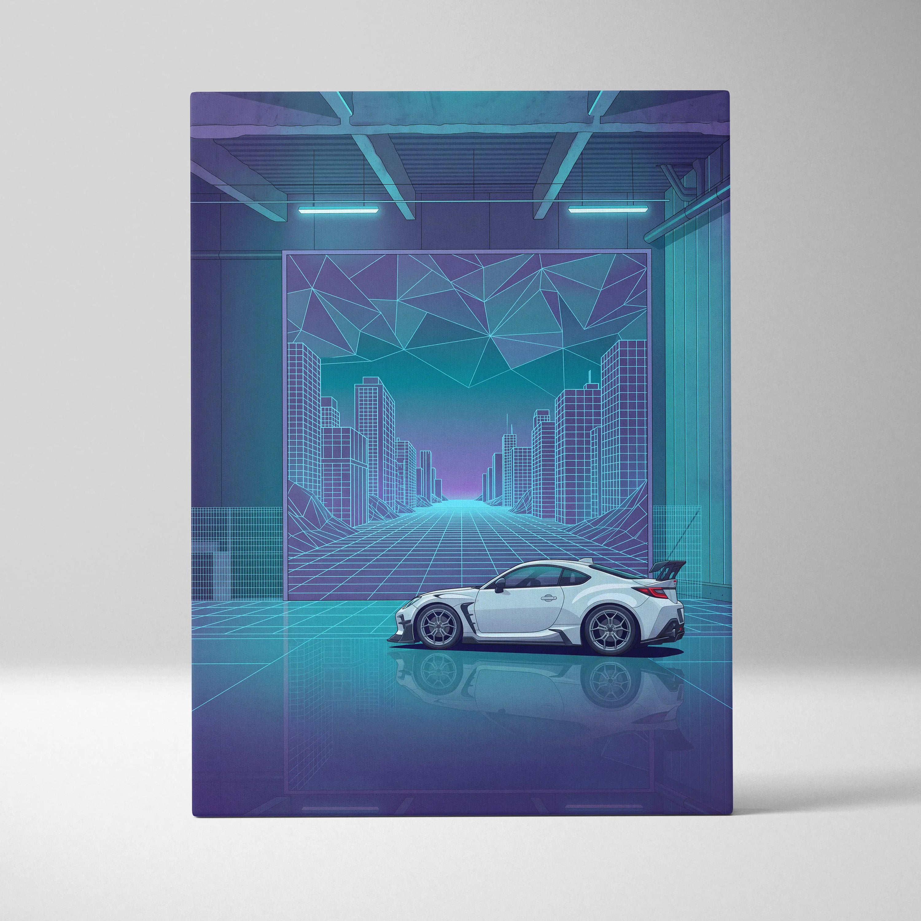 Toyota GR86 Inspired White Teal Canvas Wall Art Vaporwave Sports Car Artwork Neon Cyberpunk Garage Decor Retro Futuristic JDM City Print