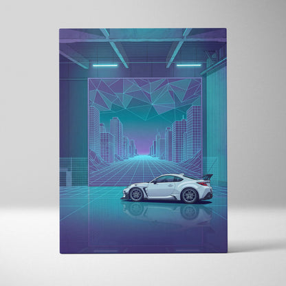 Toyota GR86 Inspired White Teal Canvas Wall Art Vaporwave Sports Car Artwork Neon Cyberpunk Garage Decor Retro Futuristic JDM City Print