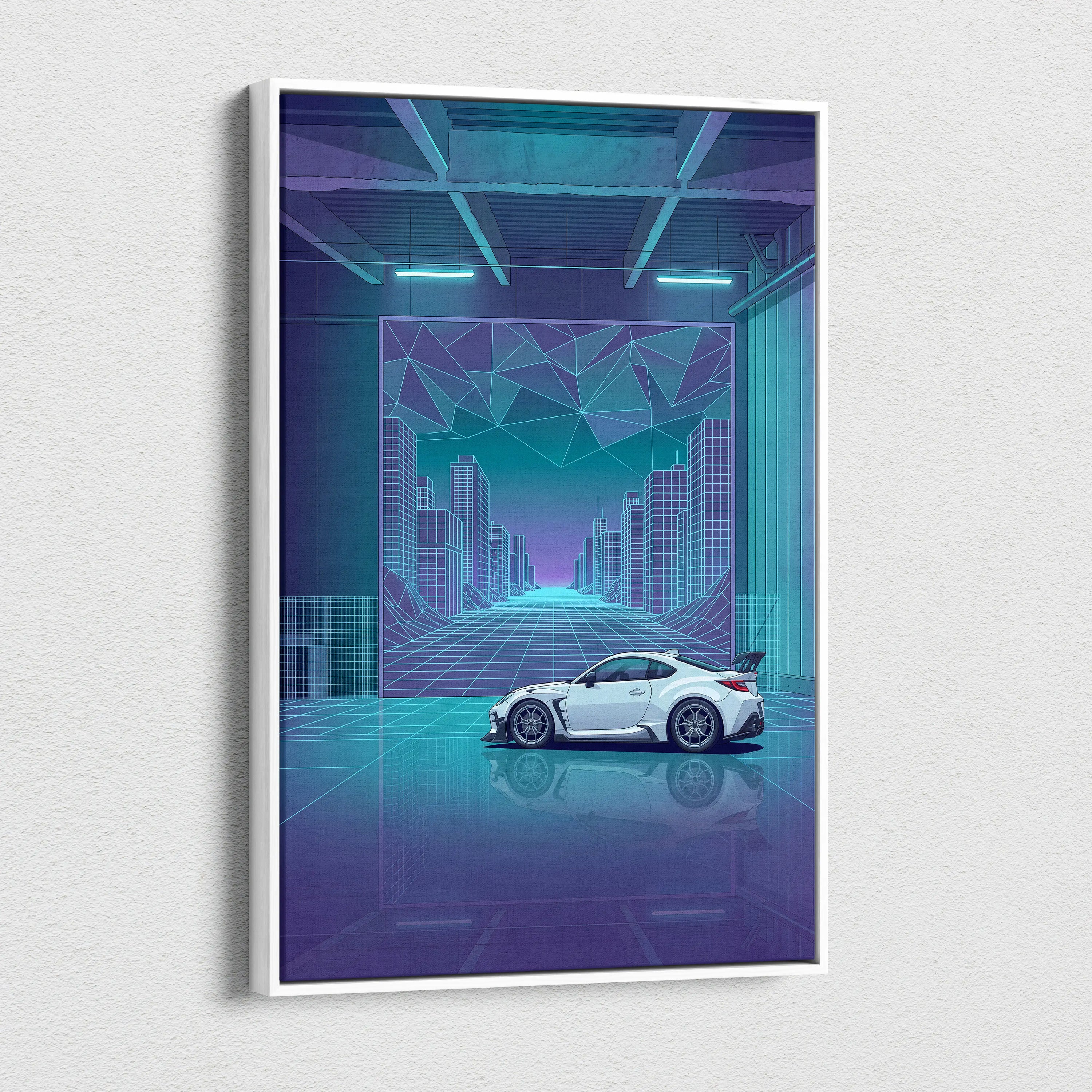 Toyota GR86 Inspired White Teal Canvas Wall Art Vaporwave Sports Car Artwork Neon Cyberpunk Garage Decor Retro Futuristic JDM City Print
