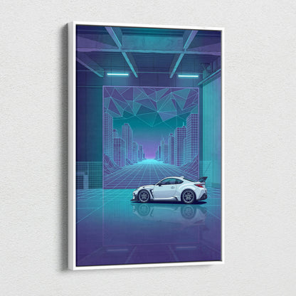 Toyota GR86 Inspired White Teal Canvas Wall Art Vaporwave Sports Car Artwork Neon Cyberpunk Garage Decor Retro Futuristic JDM City Print