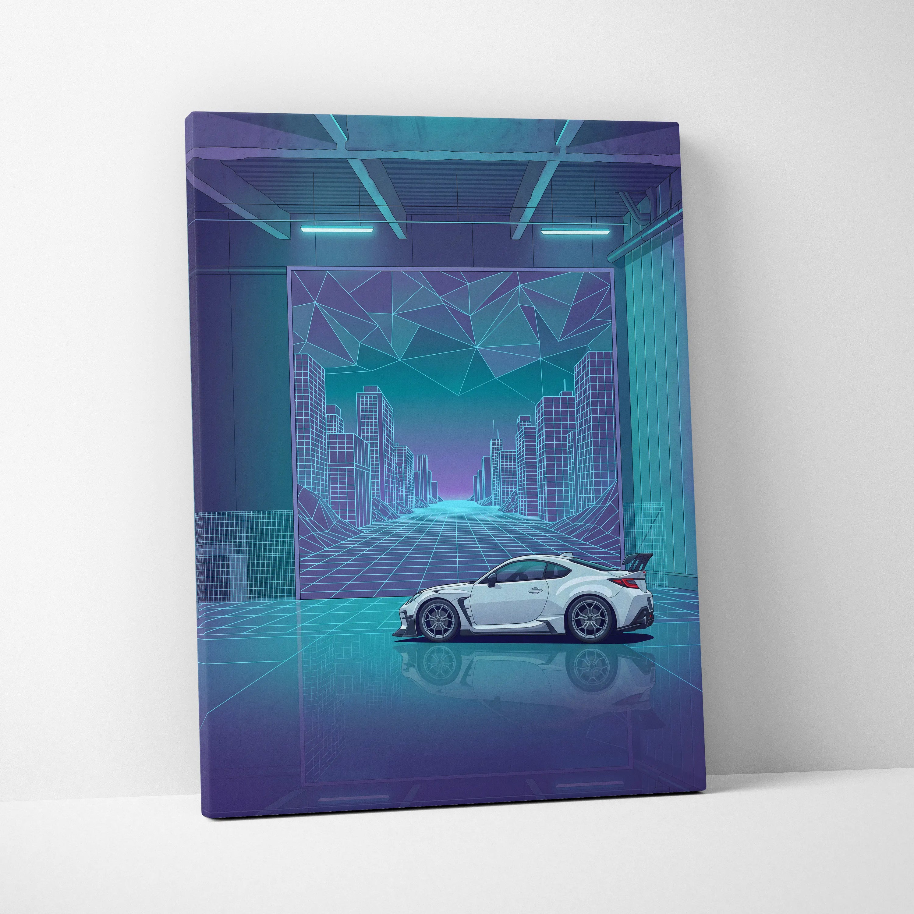 Toyota GR86 Inspired White Teal Canvas Wall Art Vaporwave Sports Car Artwork Neon Cyberpunk Garage Decor Retro Futuristic JDM City Print