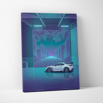 Toyota GR86 Inspired White Teal Canvas Wall Art Vaporwave Sports Car Artwork Neon Cyberpunk Garage Decor Retro Futuristic JDM City Print