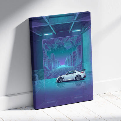 Toyota GR86 Inspired White Teal Canvas Wall Art Vaporwave Sports Car Artwork Neon Cyberpunk Garage Decor Retro Futuristic JDM City Print