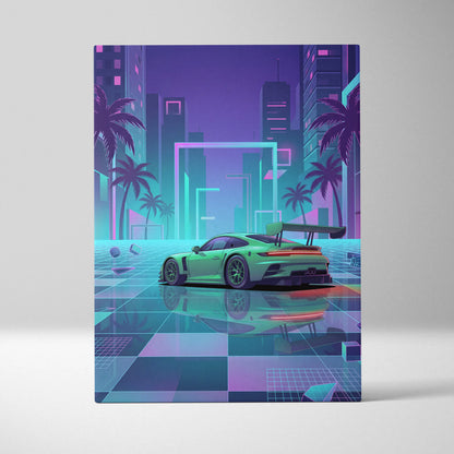 Porsche 911 GT3 RS Inspired Green Purple Canvas Wall Art Vaporwave Neon City Sports Car Artwork, Cyberpunk Palm Garage Decor