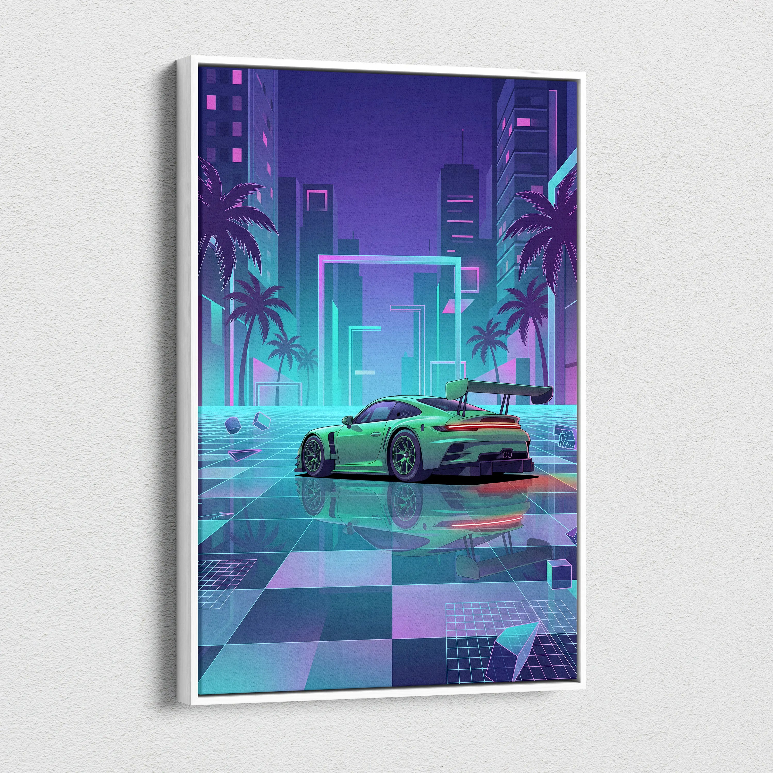 Porsche 911 GT3 RS Inspired Green Purple Canvas Wall Art Vaporwave Neon City Sports Car Artwork, Cyberpunk Palm Garage Decor