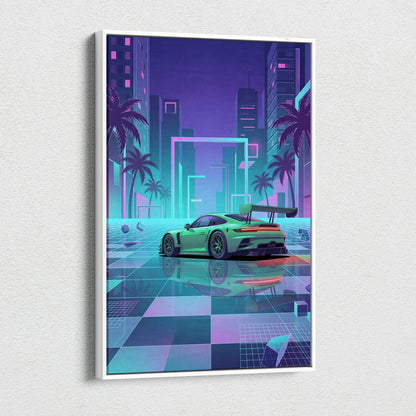 Porsche 911 GT3 RS Inspired Green Purple Canvas Wall Art Vaporwave Neon City Sports Car Artwork, Cyberpunk Palm Garage Decor