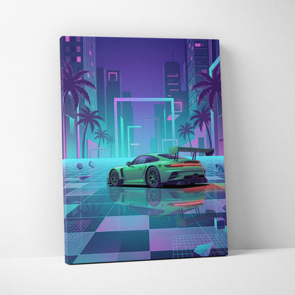 Porsche 911 GT3 RS Inspired Green Purple Canvas Wall Art Vaporwave Neon City Sports Car Artwork, Cyberpunk Palm Garage Decor