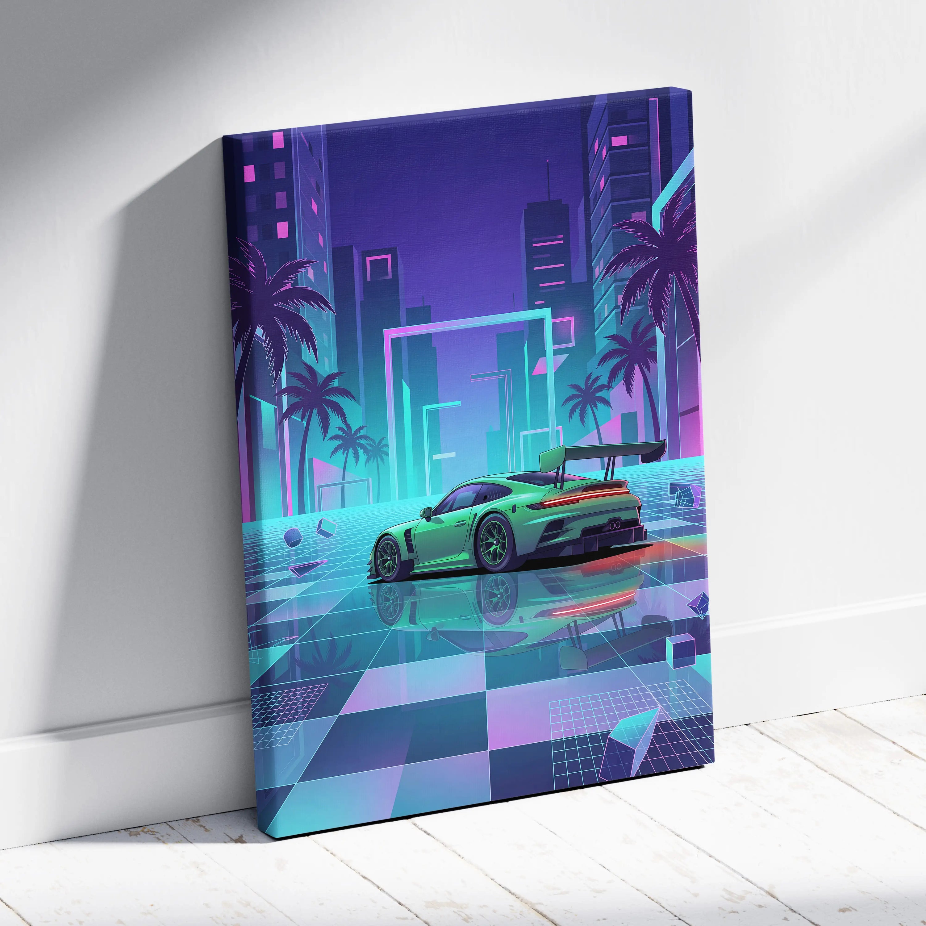 Porsche 911 GT3 RS Inspired Green Purple Canvas Wall Art Vaporwave Neon City Sports Car Artwork, Cyberpunk Palm Garage Decor