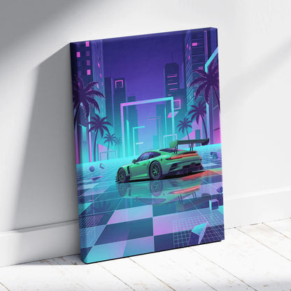 Porsche 911 GT3 RS Inspired Green Purple Canvas Wall Art Vaporwave Neon City Sports Car Artwork, Cyberpunk Palm Garage Decor