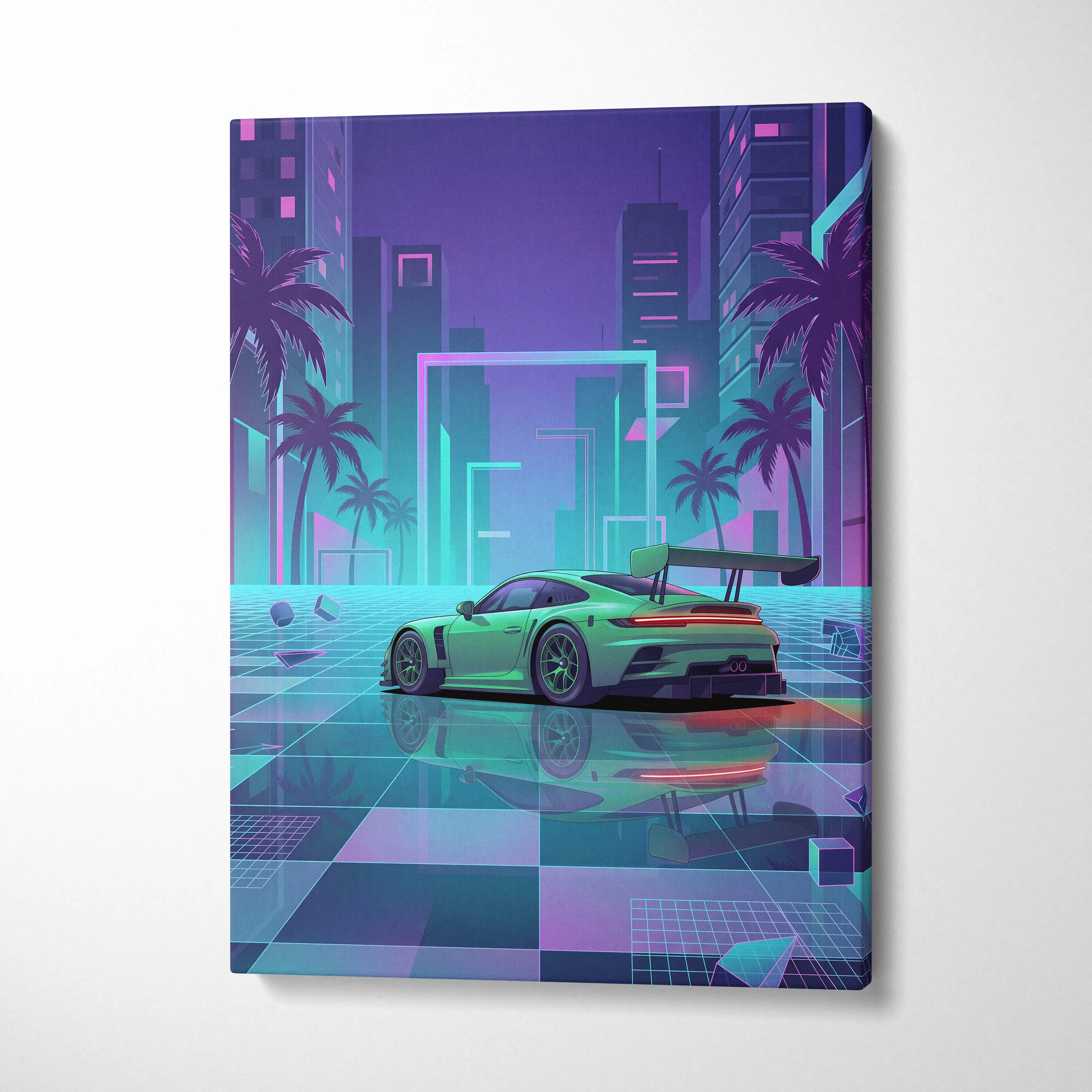 Porsche 911 GT3 RS Inspired Green Purple Canvas Wall Art Vaporwave Neon City Sports Car Artwork, Cyberpunk Palm Garage Decor