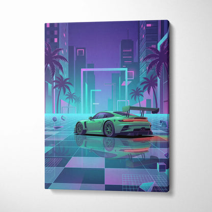 Porsche 911 GT3 RS Inspired Green Purple Canvas Wall Art Vaporwave Neon City Sports Car Artwork, Cyberpunk Palm Garage Decor