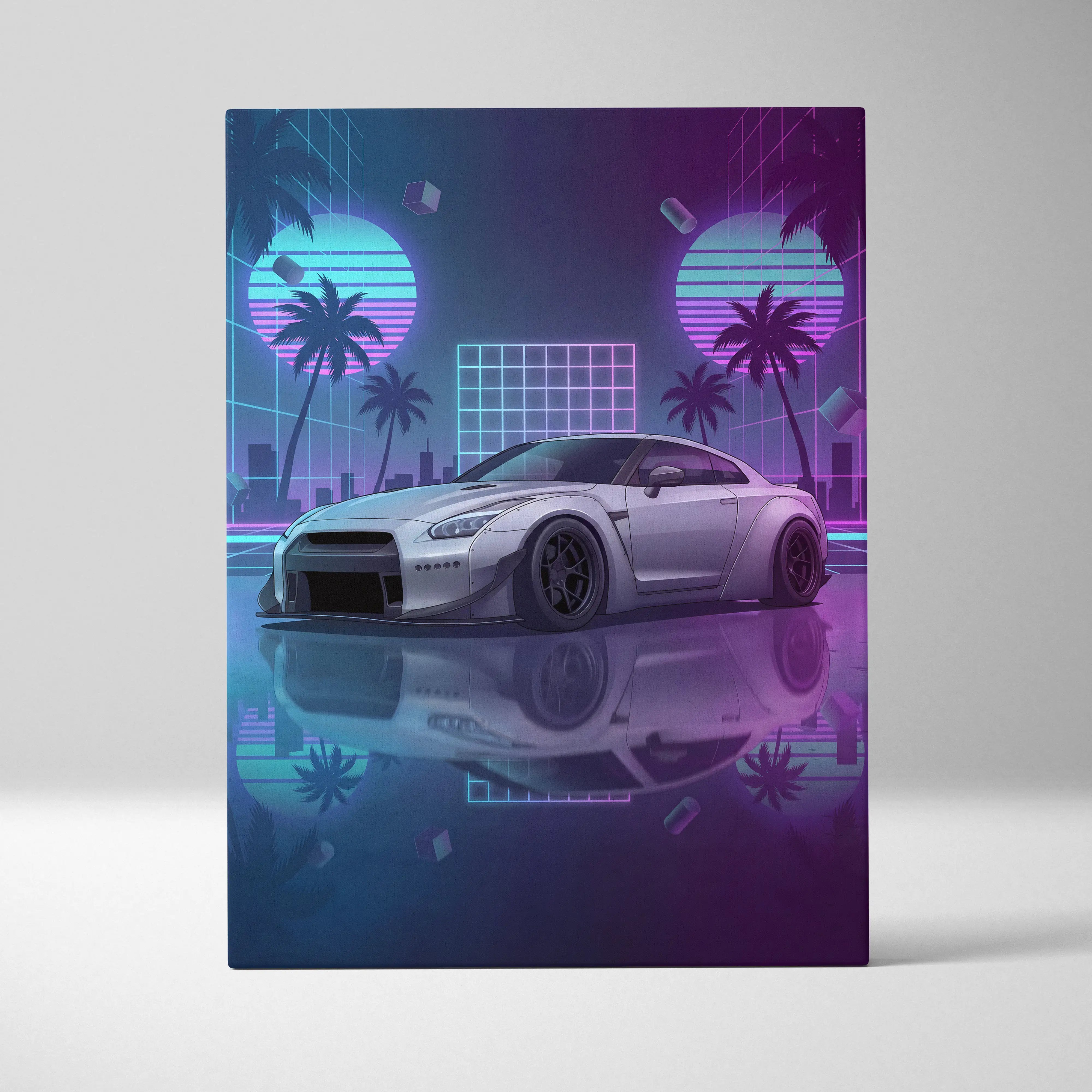 Nissan GT-R R35 Inspired Silver Purple Canvas Wall Art Vaporwave Neon Palm JDM Car Artwork, Cyberpunk Reflection Garage Decor
