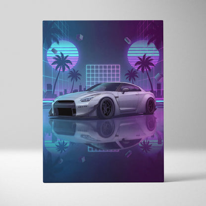 Nissan GT-R R35 Inspired Silver Purple Canvas Wall Art Vaporwave Neon Palm JDM Car Artwork, Cyberpunk Reflection Garage Decor