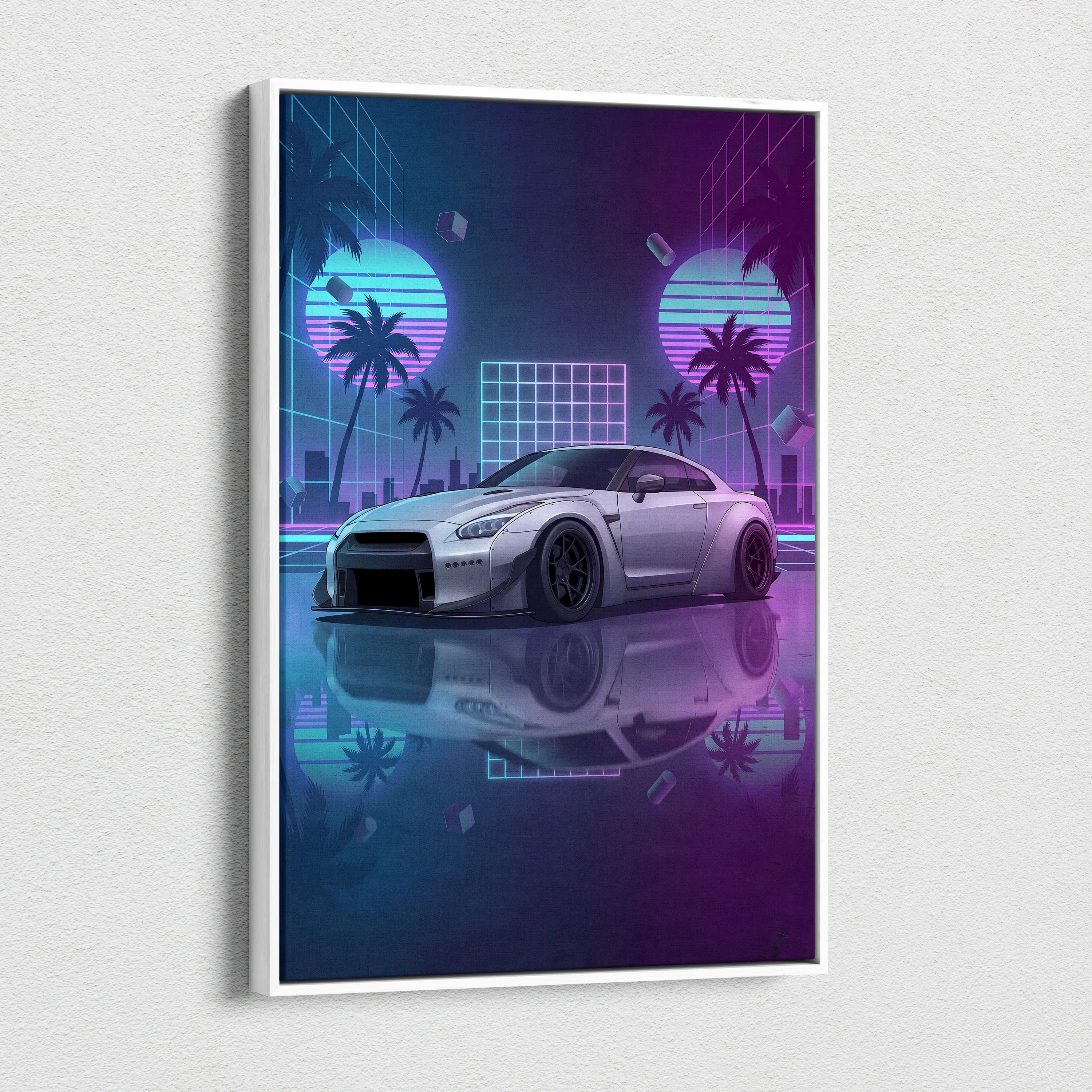 Nissan GT-R R35 Inspired Silver Purple Canvas Wall Art Vaporwave Neon Palm JDM Car Artwork, Cyberpunk Reflection Garage Decor