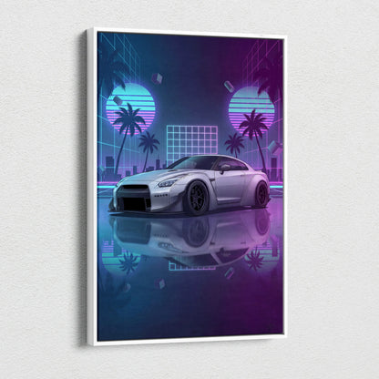 Nissan GT-R R35 Inspired Silver Purple Canvas Wall Art Vaporwave Neon Palm JDM Car Artwork, Cyberpunk Reflection Garage Decor