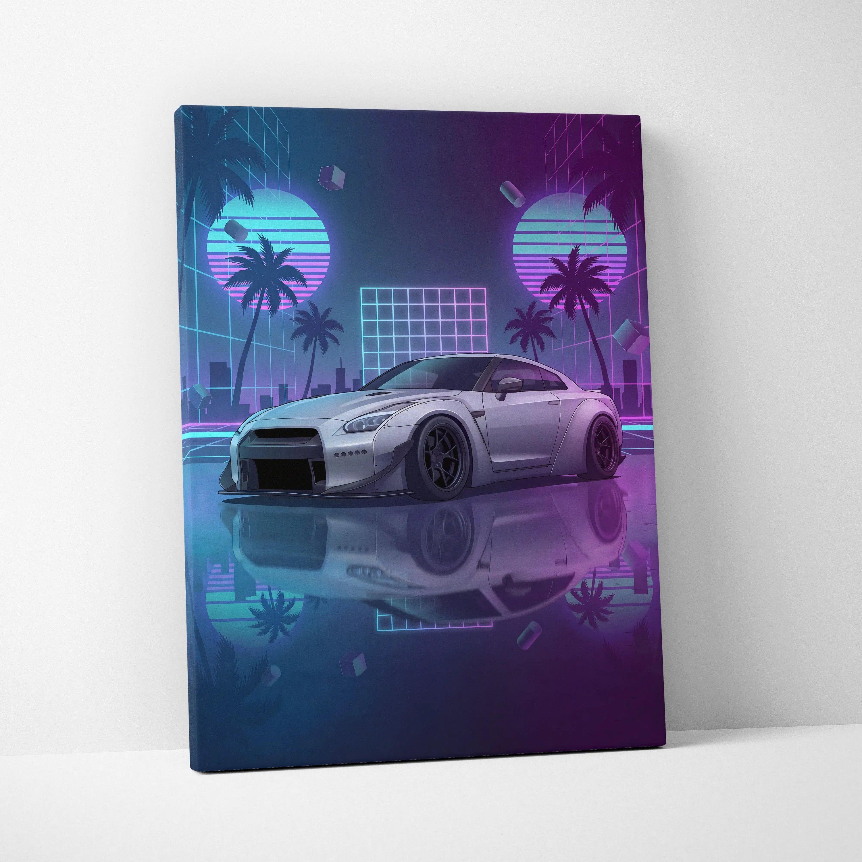 Nissan GT-R R35 Inspired Silver Purple Canvas Wall Art Vaporwave Neon Palm JDM Car Artwork, Cyberpunk Reflection Garage Decor