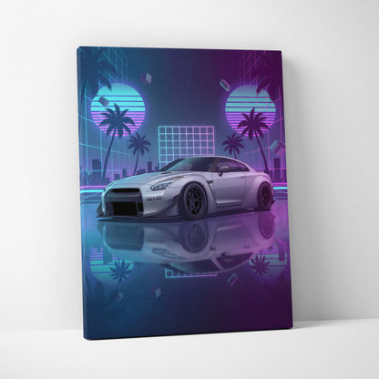 Nissan GT-R R35 Inspired Silver Purple Canvas Wall Art Vaporwave Neon Palm JDM Car Artwork, Cyberpunk Reflection Garage Decor