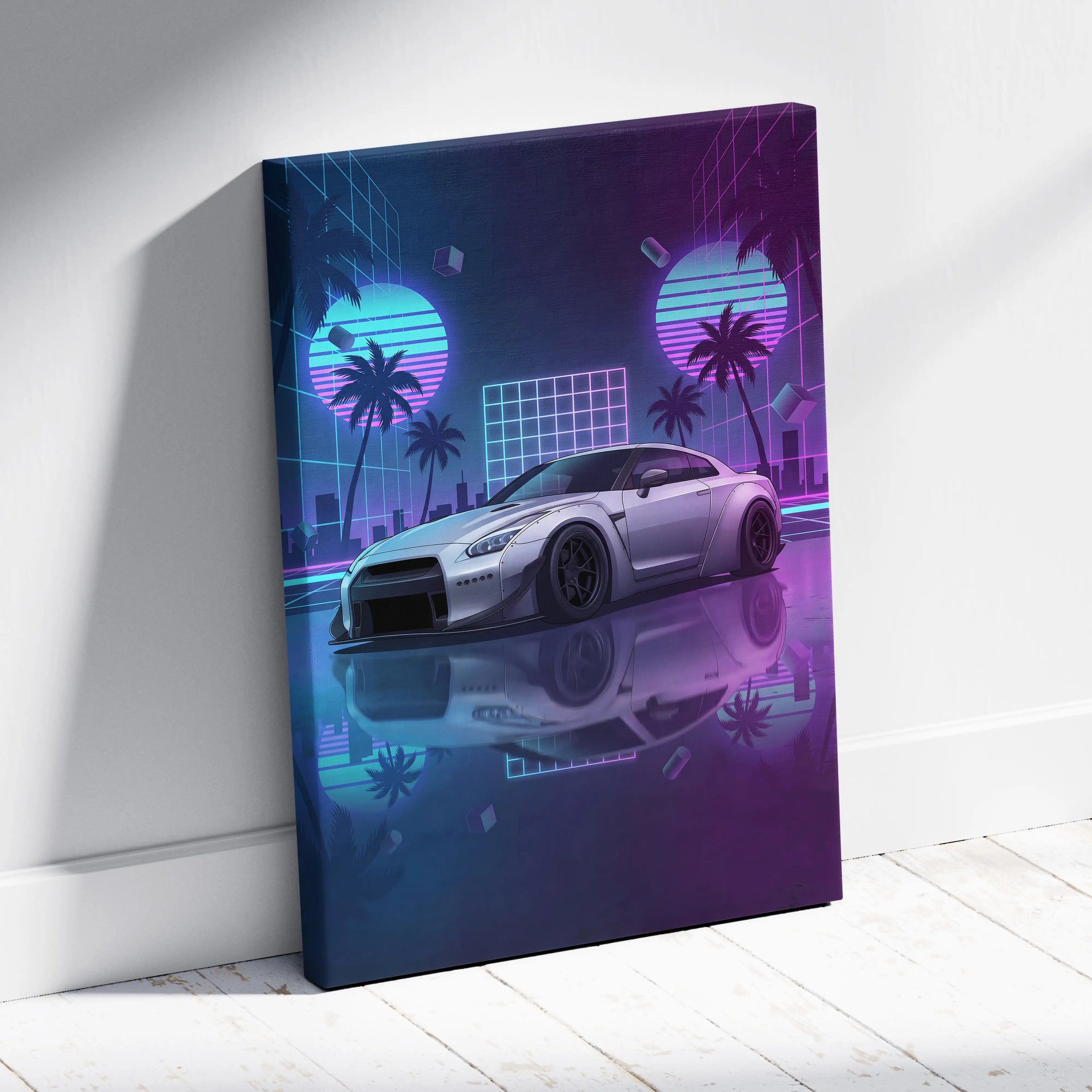 Nissan GT-R R35 Inspired Silver Purple Canvas Wall Art Vaporwave Neon Palm JDM Car Artwork, Cyberpunk Reflection Garage Decor