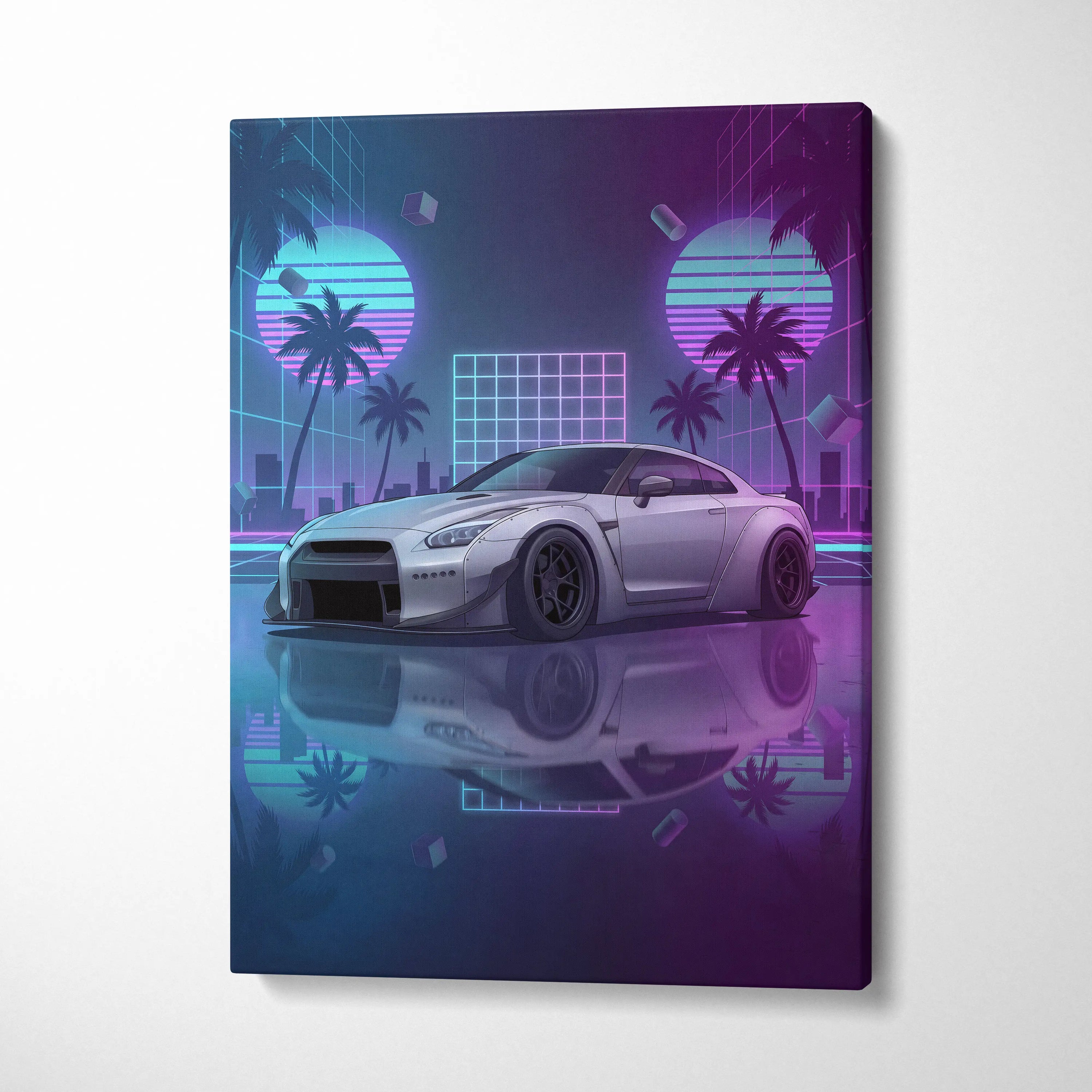Nissan GT-R R35 Inspired Silver Purple Canvas Wall Art Vaporwave Neon Palm JDM Car Artwork, Cyberpunk Reflection Garage Decor