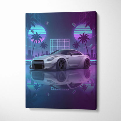 Nissan GT-R R35 Inspired Silver Purple Canvas Wall Art Vaporwave Neon Palm JDM Car Artwork, Cyberpunk Reflection Garage Decor