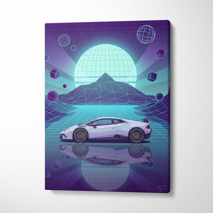 Lamborghini Huracan STO Inspired White Teal Canvas Wall Art Vaporwave Supercar Artwork Neon Grid Garage Decor Futuristic Mountain Print