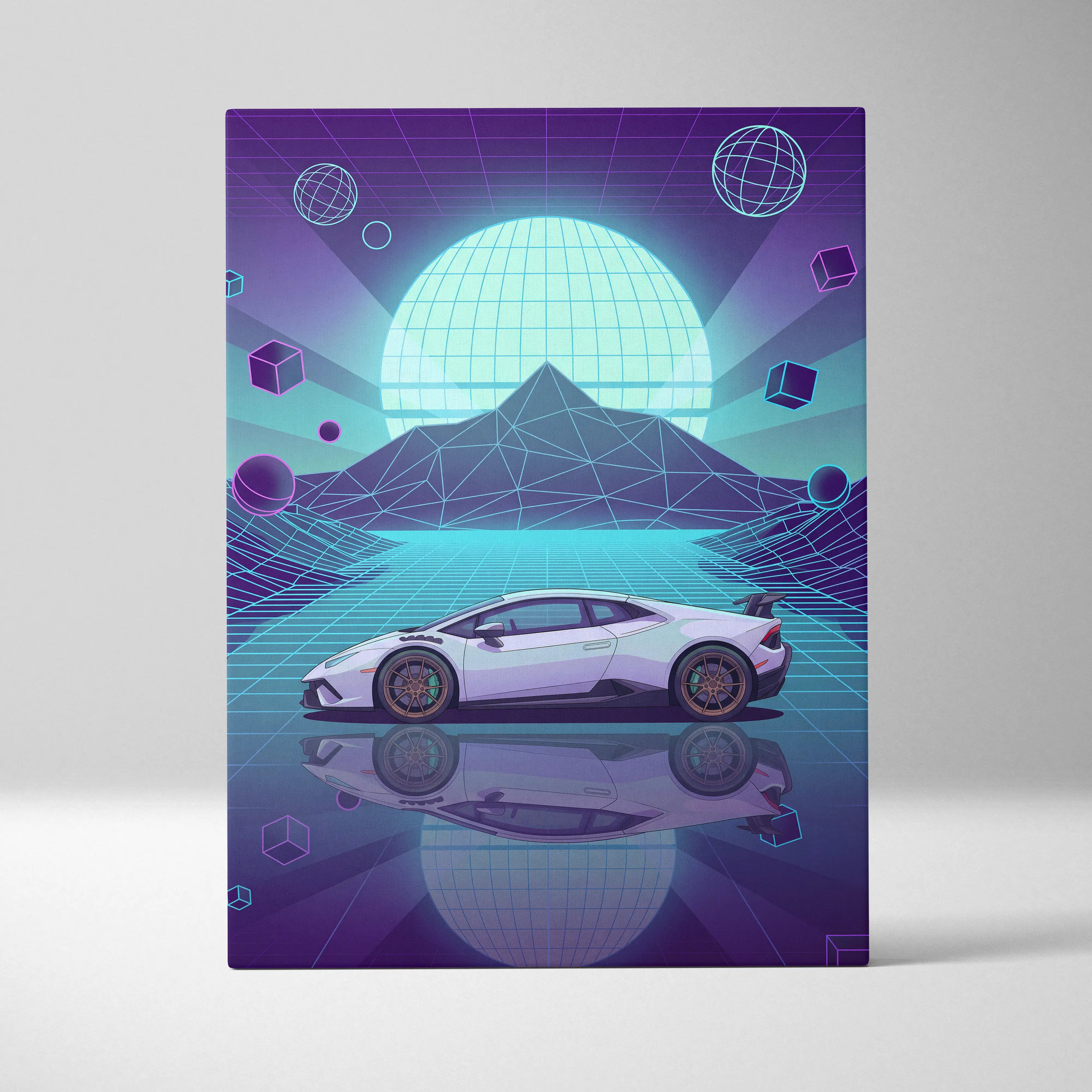 Lamborghini Huracan STO Inspired White Teal Canvas Wall Art Vaporwave Supercar Artwork Neon Grid Garage Decor Futuristic Mountain Print