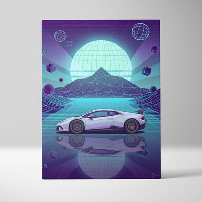 Lamborghini Huracan STO Inspired White Teal Canvas Wall Art Vaporwave Supercar Artwork Neon Grid Garage Decor Futuristic Mountain Print