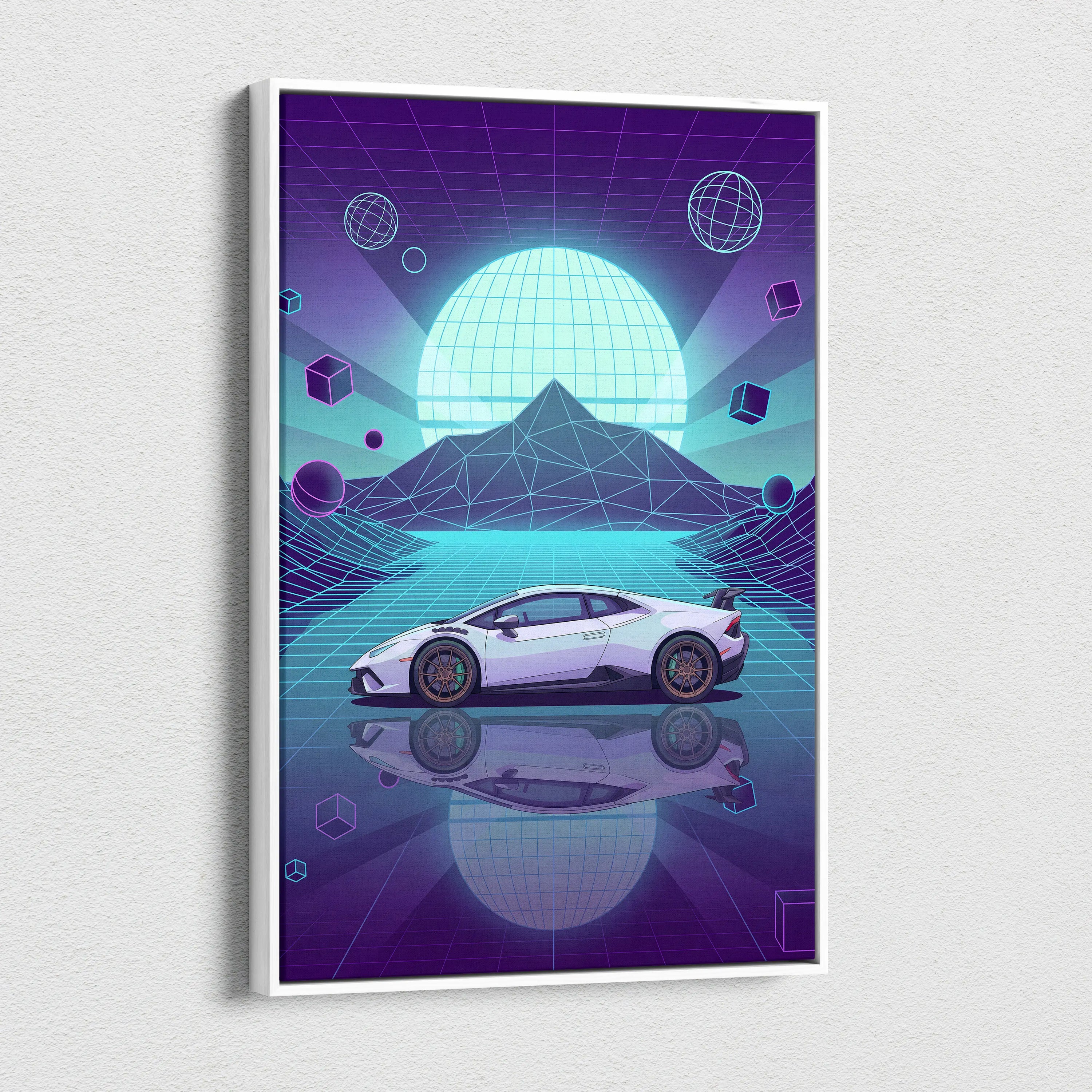Lamborghini Huracan STO Inspired White Teal Canvas Wall Art Vaporwave Supercar Artwork Neon Grid Garage Decor Futuristic Mountain Print
