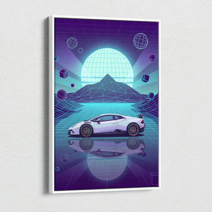 Lamborghini Huracan STO Inspired White Teal Canvas Wall Art Vaporwave Supercar Artwork Neon Grid Garage Decor Futuristic Mountain Print