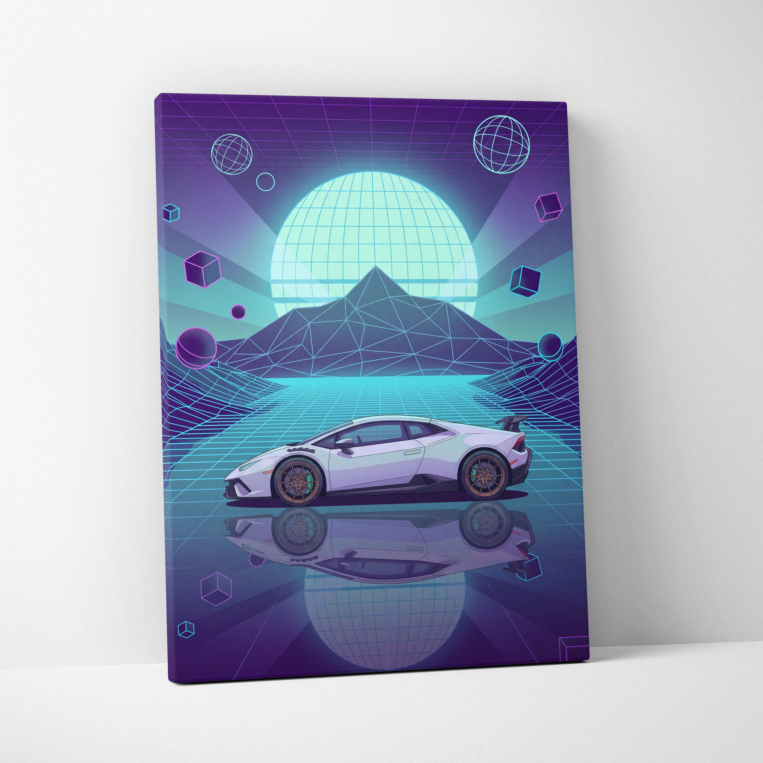 Lamborghini Huracan STO Inspired White Teal Canvas Wall Art Vaporwave Supercar Artwork Neon Grid Garage Decor Futuristic Mountain Print