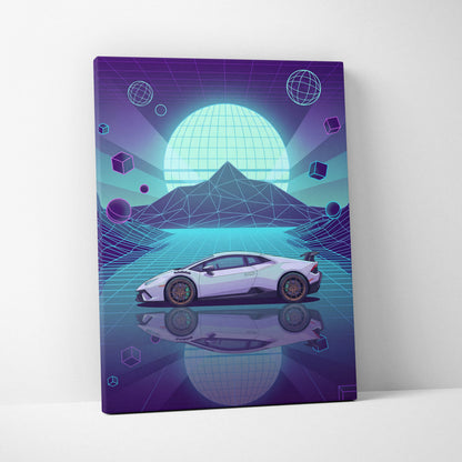Lamborghini Huracan STO Inspired White Teal Canvas Wall Art Vaporwave Supercar Artwork Neon Grid Garage Decor Futuristic Mountain Print