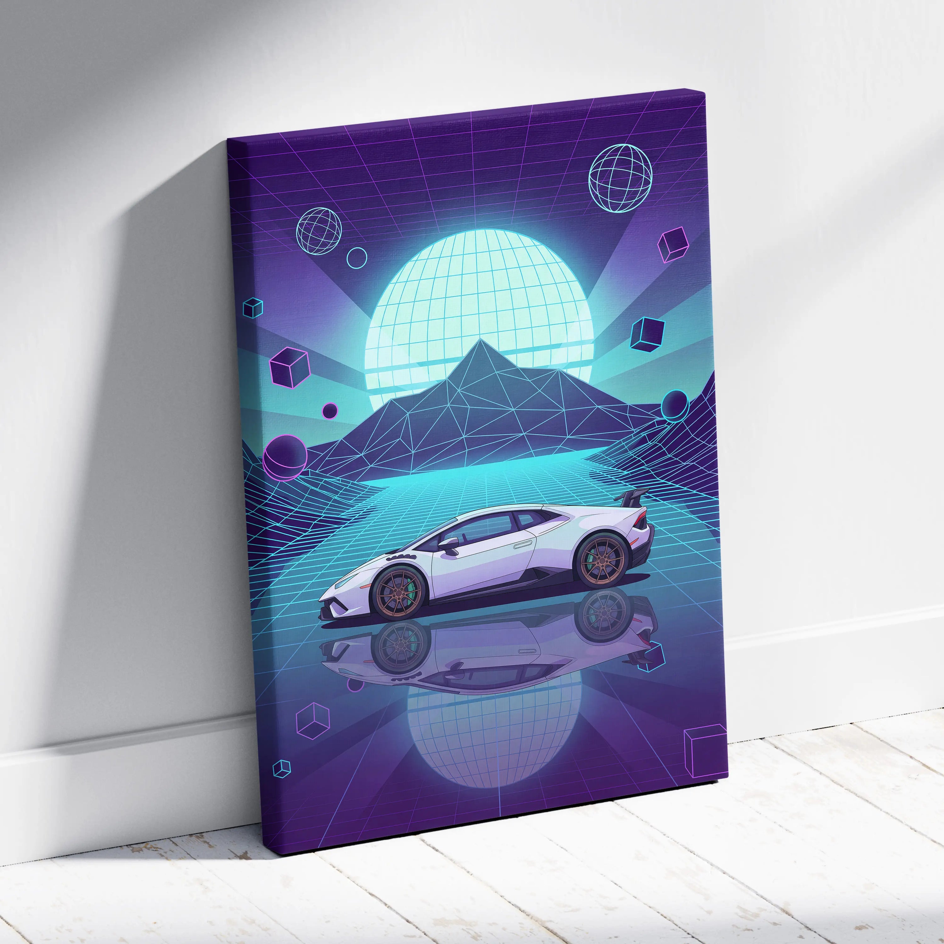 Lamborghini Huracan STO Inspired White Teal Canvas Wall Art Vaporwave Supercar Artwork Neon Grid Garage Decor Futuristic Mountain Print