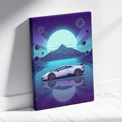 Lamborghini Huracan STO Inspired White Teal Canvas Wall Art Vaporwave Supercar Artwork Neon Grid Garage Decor Futuristic Mountain Print
